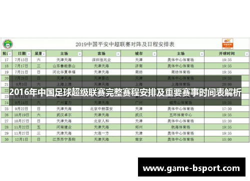 2016年中国足球超级联赛完整赛程安排及重要赛事时间表解析