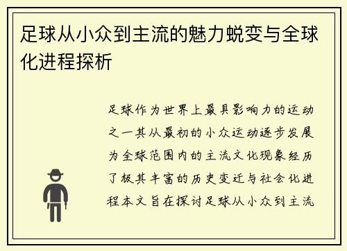足球从小众到主流的魅力蜕变与全球化进程探析 足球从小众到主流的魅力蜕变与全球化进程探析